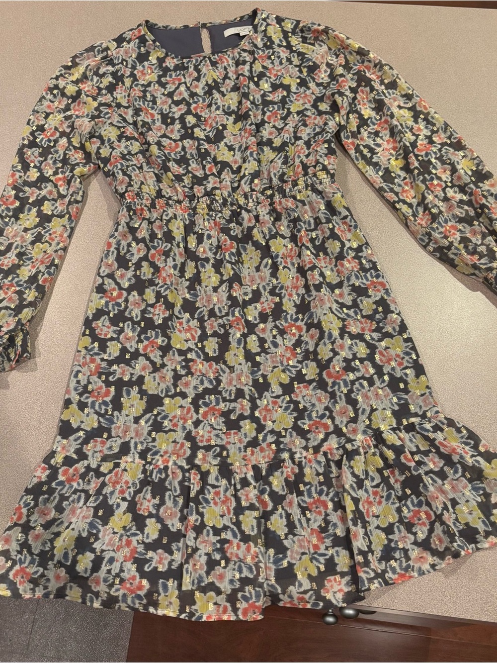 Loft Floral Long-Sleeve Ruffle Hem Dress - Black Floral